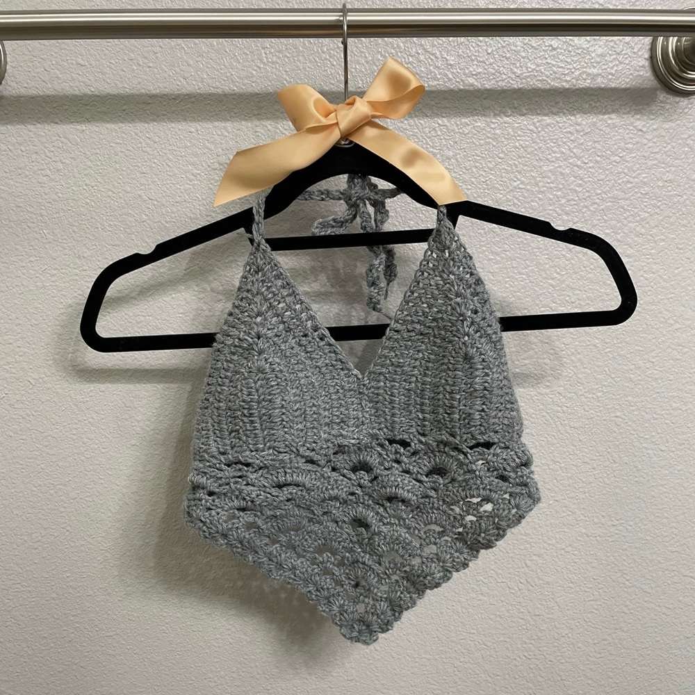 Handmade crochet gray cropped halter top